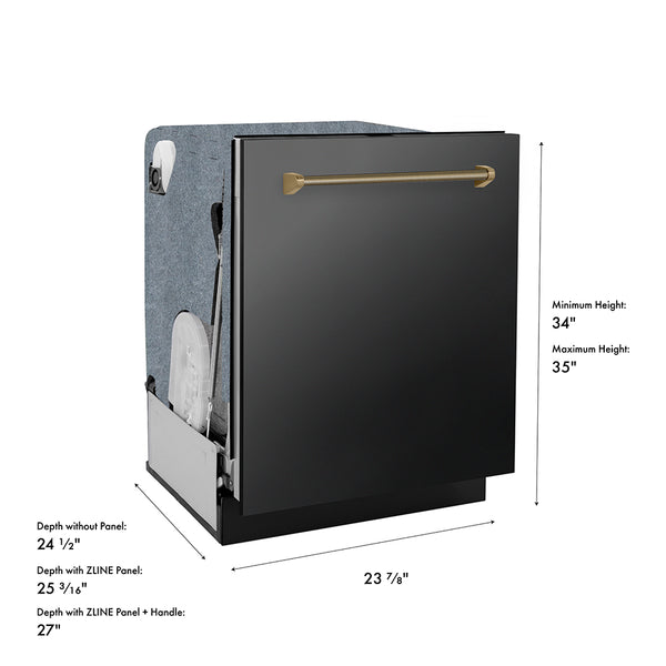 ZLINE Autograph Edition 24 in. Monument Series 3rd Rack Dishwasher with Auto Door Open Drying, 44dBa, Black Stainless Steel Panel with Champagne Bronze Helix Handle (DWMTZ-BS-24-KCB)