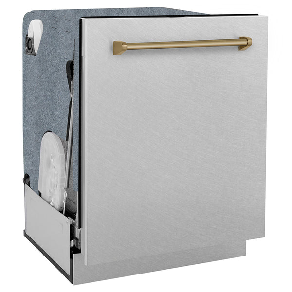 ZLINE Autograph Edition 24 in. Monument Series 3rd Rack Dishwasher with Auto Door Open Drying, 44dBa, Satin Stainless Steel Panel with Champagne Bronze Handle (DWMTZ-SN-24-CB)