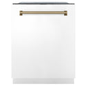 ZLINE Autograph Edition 24 in. Monument Series 3rd Rack Dishwasher with Auto Door Open Drying, 44dBa, White Matte Panel with Champagne Bronze Handle (DWMTZ-WM-24-CB)