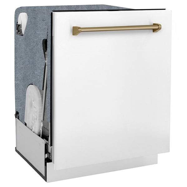 ZLINE Autograph Edition 24 in. Monument Series 3rd Rack Dishwasher with Auto Door Open Drying, 44dBa, White Matte Panel with Champagne Bronze Handle (DWMTZ-WM-24-CB)