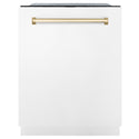 ZLINE Autograph Edition 24 in. Monument Series 3rd Rack Dishwasher with Auto Door Open Drying, 44dBa, White Matte Panel with Polished Gold Handle (DWMTZ-WM-24-G)