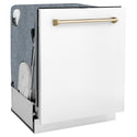 ZLINE Autograph Edition 24 in. Monument Series 3rd Rack Dishwasher with Auto Door Open Drying, 44dBa, White Matte Panel with Polished Gold Handle (DWMTZ-WM-24-G)