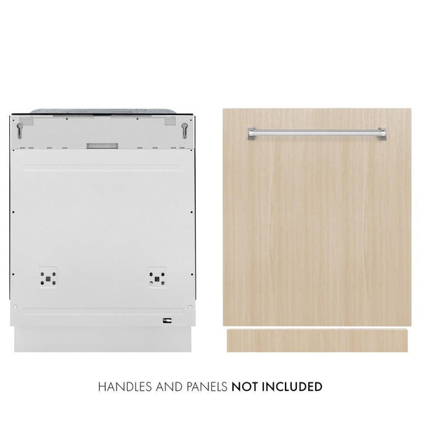 ZLINE 24 in. Panel Ready Monument Series 3rd Rack Top Touch Control Dishwasher with Stainless Steel Tub, 45dBa (DWMT-24) front, next to NOT INCLUDED custom panel with handle.