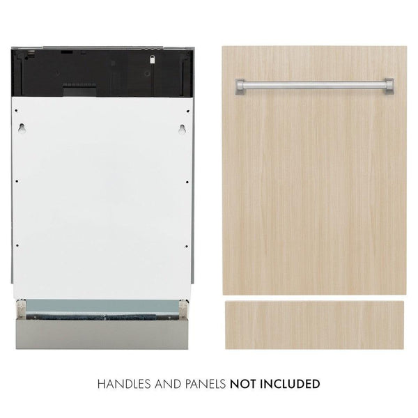 ZLINE 18 in. Tallac Series 3rd Rack Top Control Dishwasher in Custom Panel Ready with Stainless Steel Tub, 51dBa (DWV-18) front, next to NOT INCLUDED custom panel with handle.