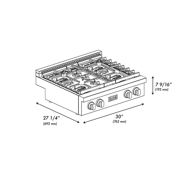 ZLINE 30 in. Paramount Gas Rangetop with 4 Burner DuoPro™ Cooktop in Black Stainless Steel (PSRTB-30)