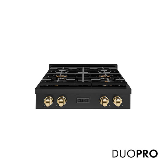 ZLINE Autograph Edition 30 in. Paramount Gas Rangetop with 4 Burner DuoPro™ Cooktop in Black Stainless Steel and Polished Gold Accents (PSRTBZ-30-G)