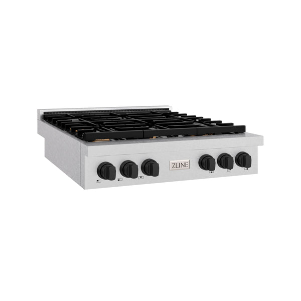 ZLINE 36 in. Autograph Edition Paramount Gas Rangetop with 6 Burners and Porcelain Cooktop in DuraSnow® Stainless Steel with Matte Black Accents (SRTSZ-36-MB)