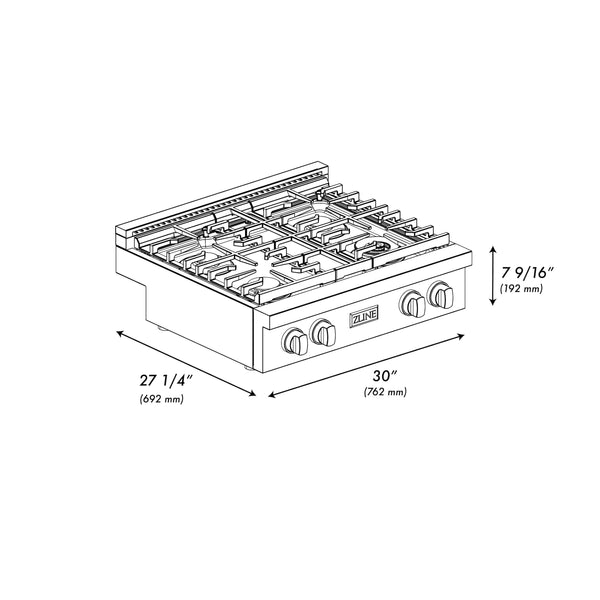 ZLINE 30 in. Paramount Gas Rangetop with 4 Brass Burners and Porcelain Cooktop in Satin Stainless Steel (SRTS-BR-30)
