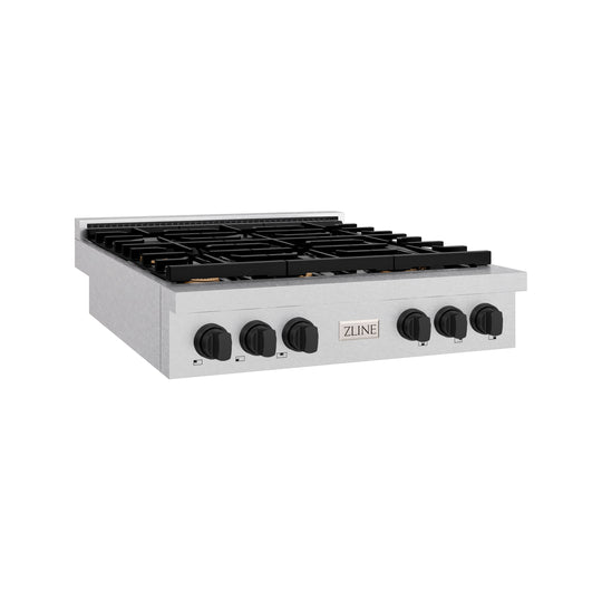 ZLINE 36 in. Autograph Edition Paramount Gas Rangetop with 6 Burners and Porcelain Cooktop in Satin Stainless Steel with Matte Black Accents (SRTSZ-36-MB)