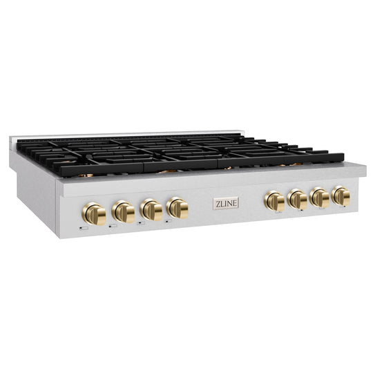 ZLINE 48 in. Autograph Edition Paramount Gas Rangetop with 8 Burners and Porcelain Cooktop in Satin Stainless Steel with Polished Gold Accents (SRTSZ-48-G)