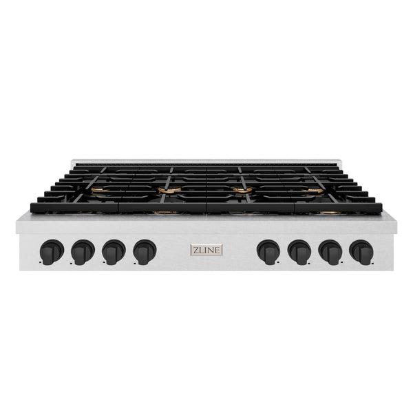 ZLINE 48 in. Autograph Edition Paramount Gas Rangetop with 8 Burners and Porcelain Cooktop in Satin Stainless Steel with Matte Black Accents (SRTSZ-48-MB)