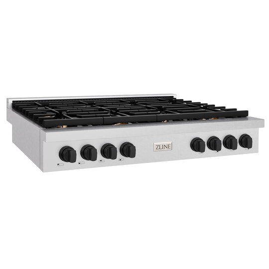 ZLINE 48 in. Autograph Edition Paramount Gas Rangetop with 8 Burners and Porcelain Cooktop in Satin Stainless Steel with Matte Black Accents (SRTSZ-48-MB)