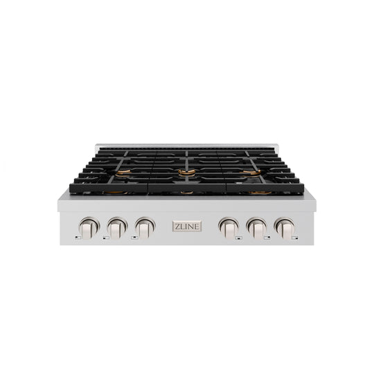 ZLINE 36 in. Paramount Gas Rangetop with 6 Brass Burners and Porcelain Cooktop in Stainless Steel (SRT-BR-36)