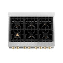 ZLINE Autograph Edition 36 in. 4.6 cu. ft. Dual Fuel Range with Gas Stove and Electric Oven in Stainless Steel with White Matte Door and Polished Gold Accents (RAZ-WM-36-G) from above showing cooktop with gas burners and cast-iron grates.