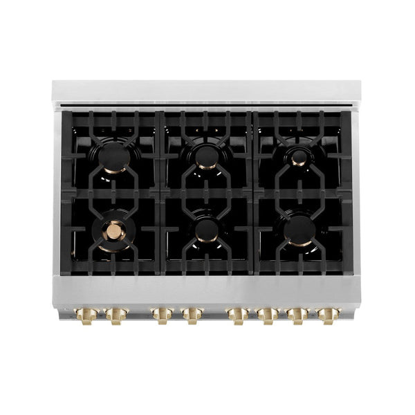 ZLINE Autograph Edition 36 in. 4.6 cu. ft. Dual Fuel Range with Gas Stove and Electric Oven in Stainless Steel with White Matte Door and Polished Gold Accents (RAZ-WM-36-G) from above showing cooktop with gas burners and cast-iron grates.