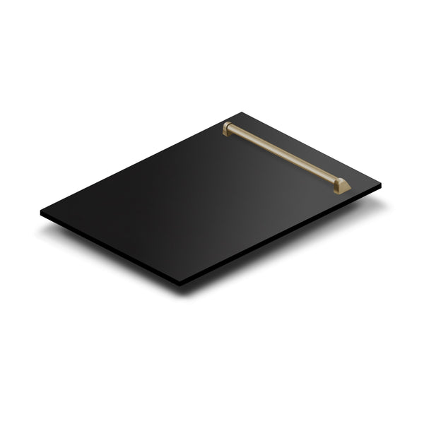 ZLINE Autograph Edition 18 in. Compact 3rd Rack Top Control Dishwasher in Black Stainless Steel with Champagne Bronze Accent Handle, 51dBa (DWVZ-BS-18-CB) panel isometric on white background.