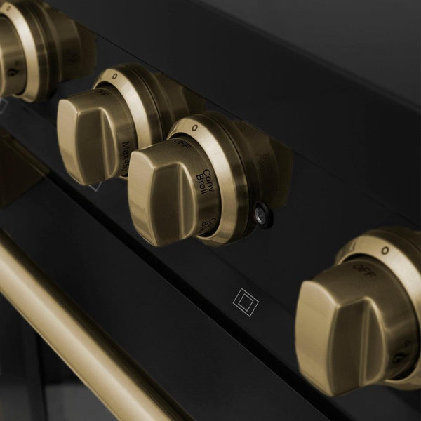 Champagne bronze accent knobs and handle on black stainless steel finish.