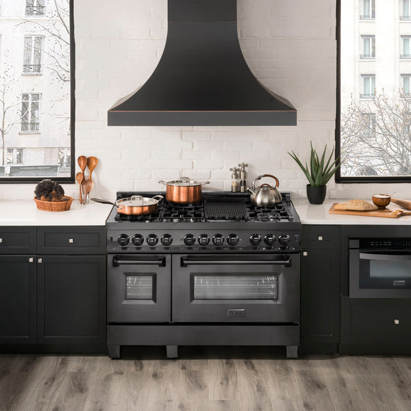 ZLINE 48 in. 6.0 cu. ft. Legacy Dual Fuel Range with 7 Burner Gas Cooktop and 2 Electric Ovens in Black Stainless Steel (RAB-48)
