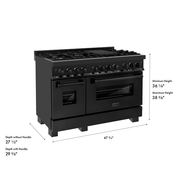 ZLINE 48 in. 6.0 cu. ft. Legacy Dual Fuel Range with Gas Cooktop and 2 Electric Ovens in Black Stainless Steel with 6 Brass Burners (RAB-BR-48)