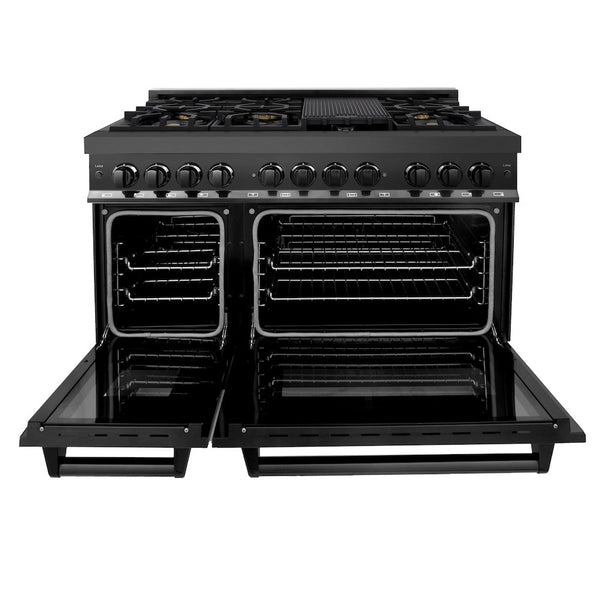 ZLINE 48 in. 6.0 cu. ft. Legacy Dual Fuel Range with Gas Cooktop and 2 Electric Ovens in Black Stainless Steel with 6 Brass Burners (RAB-BR-48)