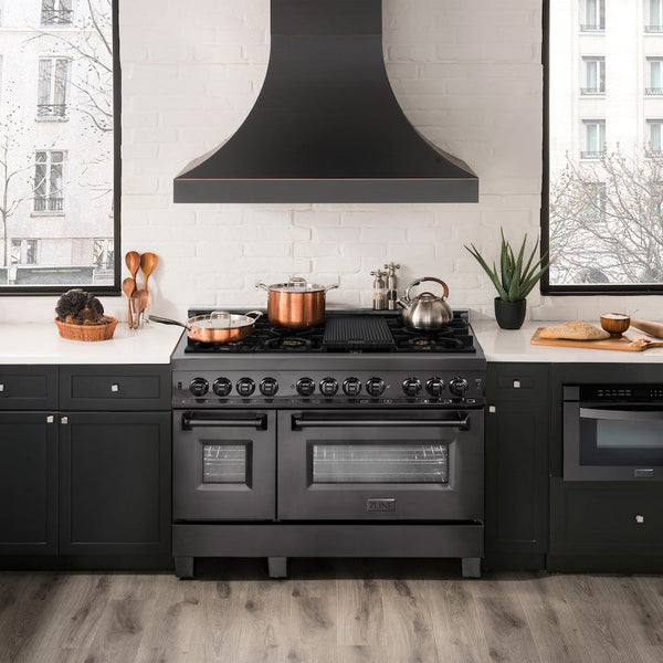 ZLINE 48 in. 6.0 cu. ft. Legacy Dual Fuel Range with Gas Cooktop and 2 Electric Ovens in Black Stainless Steel with 6 Brass Burners (RAB-BR-48)