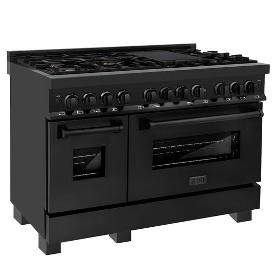 ZLINE 48 in. 6.0 cu. ft. Legacy Dual Fuel Range with Gas Cooktop and 2 Electric Ovens in Black Stainless Steel with 6 Brass Burners (RAB-BR-48)