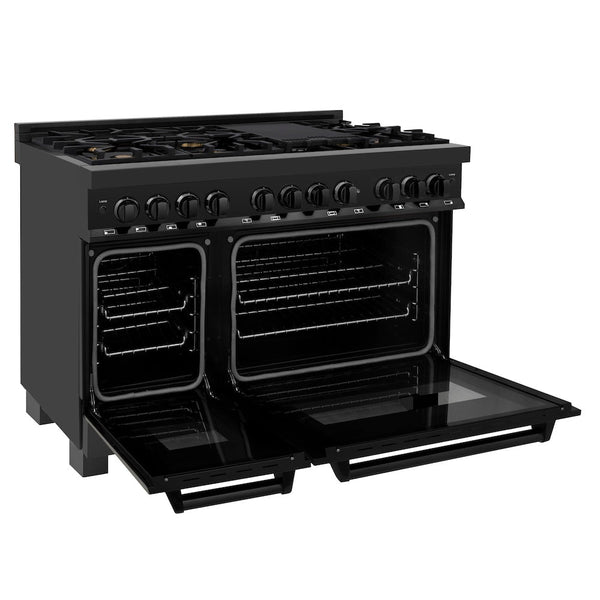 ZLINE 48 in. 6.0 cu. ft. Legacy Dual Fuel Range with Gas Cooktop and 2 Electric Ovens in Black Stainless Steel with 6 Brass Burners (RAB-BR-48)