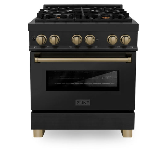ZLINE Autograph Edition 30 in. 4.0 cu. ft. Legacy Dual Fuel Range with 4 Burner Gas Cooktop and Electric Convection Oven in Black Stainless Steel and Champagne Bronze Accents (RABZ-30-CB)