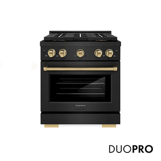 ZLINE Autograph Edition 30 in. 4.2 cu. ft. Paramount Dual Fuel Range with 4 Burner DuoPro™ Cooktop and Electric Convection Oven in Black Stainless Steel and Champagne Bronze Accents (PSDRBZ-30-CB)
