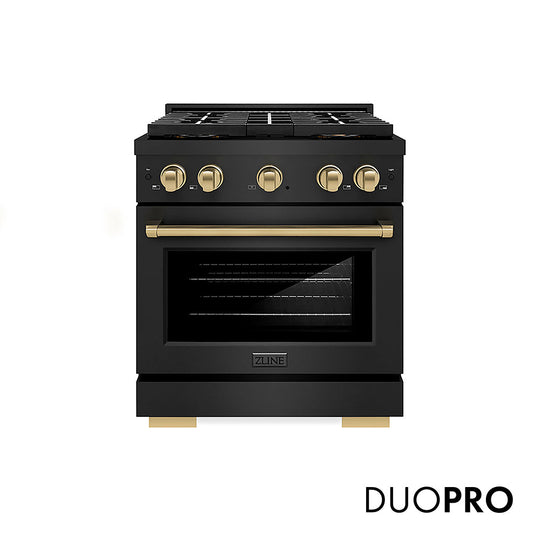 ZLINE Autograph Edition 30 in. 4.2 cu. ft. Paramount Dual Fuel Range with 4 Burner DuoPro™ Cooktop and Electric Convection Oven in Black Stainless Steel and Champagne Bronze Accents (PSDRBZ-30-CB)