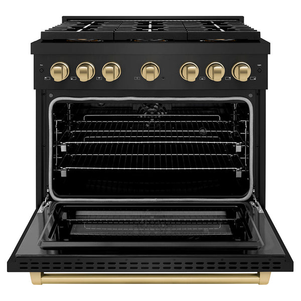 ZLINE Autograph Edition 36 in. 5.2 cu. ft. Paramount Dual Fuel Range with 6 Burner DuoPro™ Cooktop and Electric Convection Oven in Black Stainless Steel and Champagne Bronze Accents (PSDRBZ-36-CB)