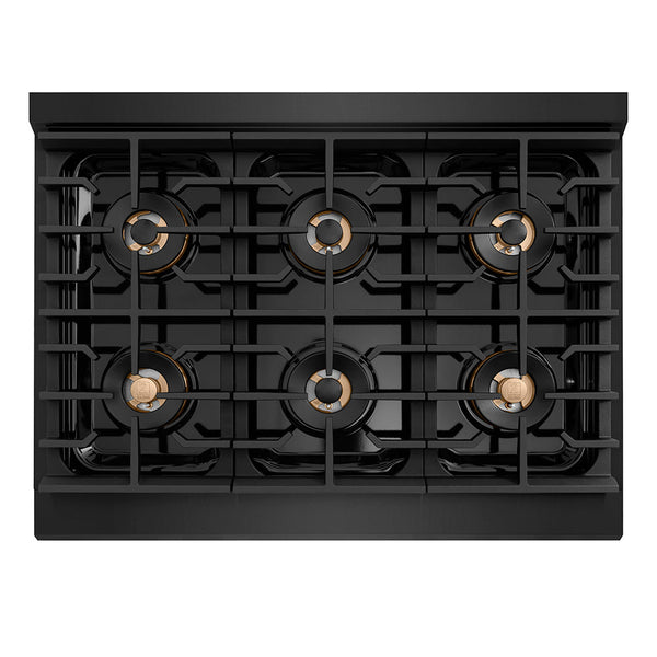 ZLINE Autograph Edition 36 in. 5.2 cu. ft. Paramount Dual Fuel Range with 6 Burner DuoPro™ Cooktop and Electric Convection Oven in Black Stainless Steel and Champagne Bronze Accents (PSDRBZ-36-CB)