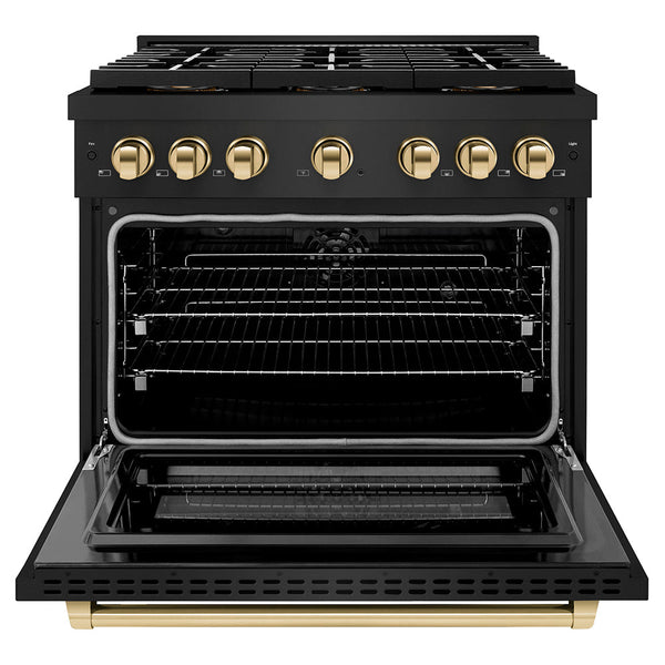 ZLINE Autograph Edition 36 in. 5.2 cu. ft. Paramount Dual Fuel Range with 6 Burner DuoPro™ Cooktop and Electric Convection Oven in Black Stainless Steel and Polished Gold Accents (PSDRBZ-36-G)