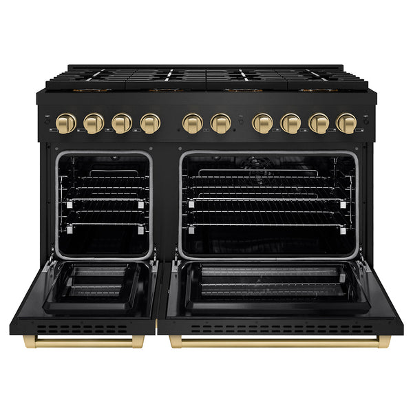 ZLINE Autograph Edition 48 in. 6.7 cu. ft. Paramount Dual Fuel Range with 8 Burner DuoPro™ Cooktop and Dual Ovens in Black Stainless Steel and Champagne Bronze Accents (PSDRBZ-48-CB)