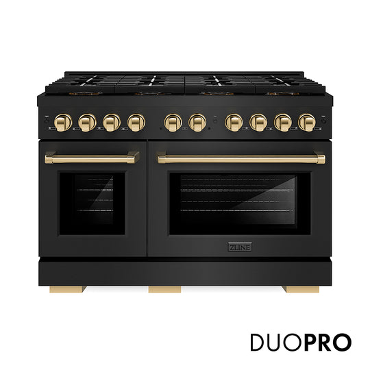 ZLINE Autograph Edition 48 in. 6.7 cu. ft. Paramount Dual Fuel Range with 8 Burner DuoPro™ Cooktop and Dual Ovens in Black Stainless Steel and Polished Gold Accents (PSDRBZ-48-G)