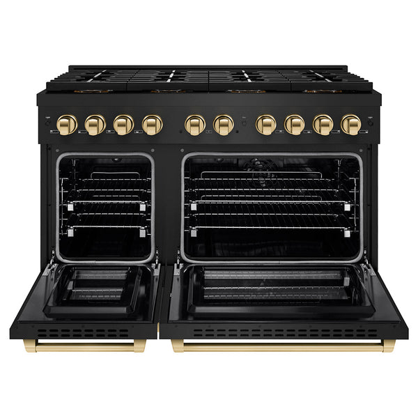 ZLINE Autograph Edition 48 in. 6.7 cu. ft. Paramount Dual Fuel Range with 8 Burner DuoPro™ Cooktop and Dual Ovens in Black Stainless Steel and Polished Gold Accents (PSDRBZ-48-G)