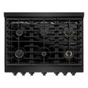 ZLINE 36 in. 5.2 cu. ft. 6 Burner Gas Range with Convection Gas Oven in Black Stainless Steel with Brass Burners (SGRB-BR-36) from above, showing gas burners, black porcelain cooktop, and cast-iron grates.