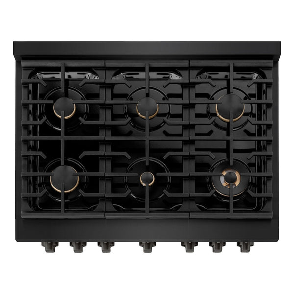 ZLINE 36 in. 5.2 cu. ft. 6 Burner Gas Range with Convection Gas Oven in Black Stainless Steel with Brass Burners (SGRB-BR-36) from above, showing gas burners, black porcelain cooktop, and cast-iron grates.
