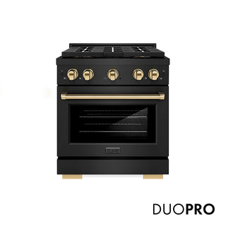 ZLINE Autograph Edition 30 in. 4.2 cu. ft. Paramount Gas Range with 4 Burner DuoPro™ Cooktop and Convection Gas Oven in Black Stainless Steel and Polished Gold Accents (PSGRBZ-30-G)