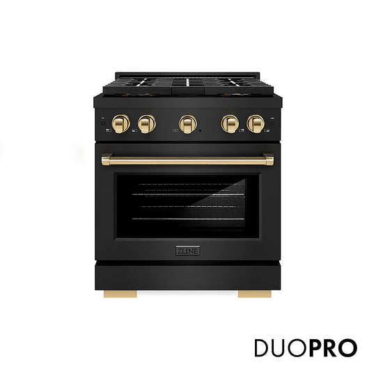 ZLINE Autograph Edition 30 in. 4.2 cu. ft. Paramount Gas Range with 4 Burner DuoPro™ Cooktop and Convection Gas Oven in Black Stainless Steel and Polished Gold Accents (PSGRBZ-30-G)