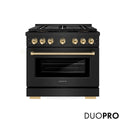 ZLINE Autograph Edition 36 in. 5.2 cu. ft. Paramount Gas Range with 6 Burner DuoPro™ Cooktop and Convection Gas Oven in Black Stainless Steel and Polished Gold Accents (PSGRBZ-36-G)