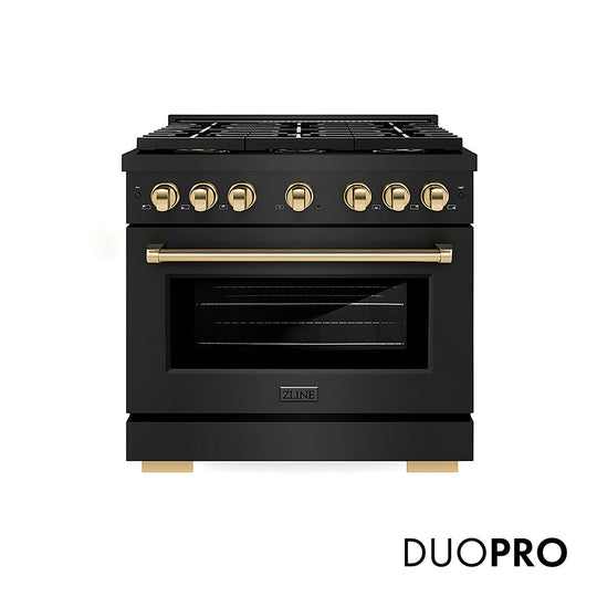 ZLINE Autograph Edition 36 in. 5.2 cu. ft. Paramount Gas Range with 6 Burner DuoPro™ Cooktop and Convection Gas Oven in Black Stainless Steel and Polished Gold Accents (PSGRBZ-36-G)