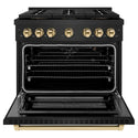 ZLINE Autograph Edition 36 in. 5.2 cu. ft. Paramount Gas Range with 6 Burner DuoPro™ Cooktop and Convection Gas Oven in Black Stainless Steel and Polished Gold Accents (PSGRBZ-36-G)
