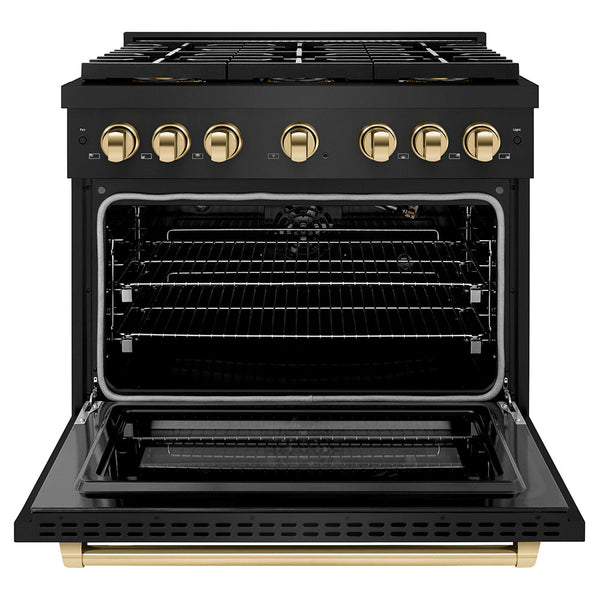 ZLINE Autograph Edition 36 in. 5.2 cu. ft. Paramount Gas Range with 6 Burner DuoPro™ Cooktop and Convection Gas Oven in Black Stainless Steel and Polished Gold Accents (PSGRBZ-36-G)