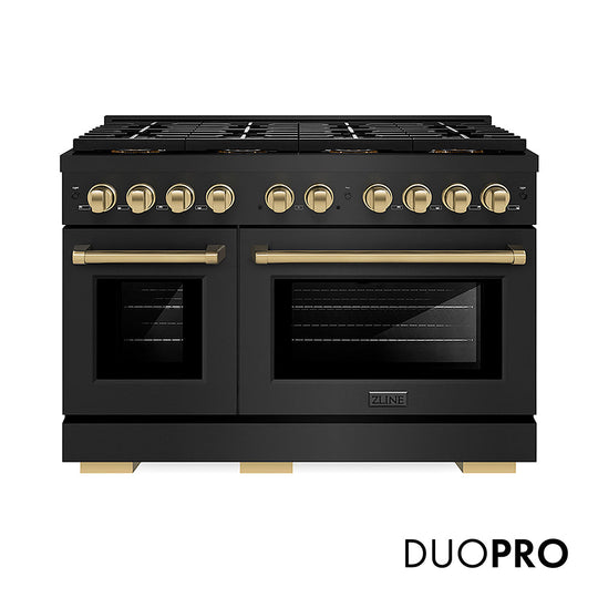 ZLINE Autograph Edition 48 in. 6.7 cu. ft. Paramount Gas Range with 8 Burner DuoPro™ Cooktop and Dual Ovens in Black Stainless Steel and Champagne Bronze Accents (PSGRBZ-48-CB)