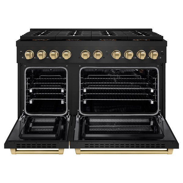 ZLINE Autograph Edition 48 in. 6.7 cu. ft. Paramount Gas Range with 8 Burner DuoPro™ Cooktop and Dual Ovens in Black Stainless Steel and Champagne Bronze Accents (PSGRBZ-48-CB)