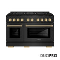 ZLINE Autograph Edition 48 in. 6.7 cu. ft. Paramount Gas Range with 8 Burner DuoPro™ Cooktop and Dual Ovens in Black Stainless Steel and Polished Gold Accents (PSGRBZ-48-G)