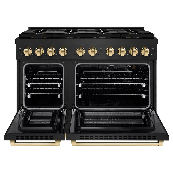 ZLINE Autograph Edition 48 in. 6.7 cu. ft. Paramount Gas Range with 8 Burner DuoPro™ Cooktop and Dual Ovens in Black Stainless Steel and Polished Gold Accents (PSGRBZ-48-G)