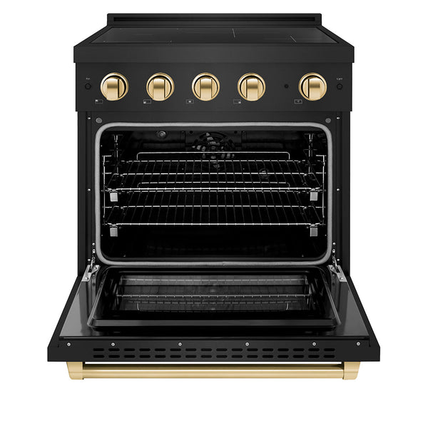 ZLINE Autograph Edition 30 in. 4.2 cu. ft. Paramount Induction Range with 4 Element Cooktop and Electric Convection Oven in Black Stainless Steel with Polished Gold Accents (SINRBZ-30-G)