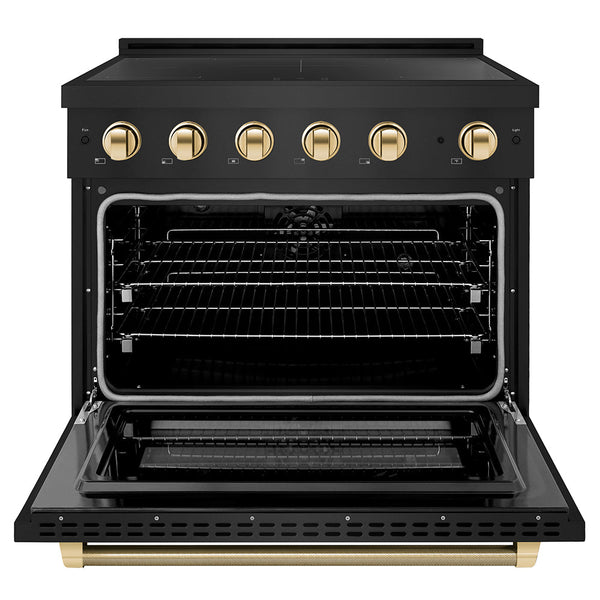 ZLINE Autograph Edition 36 in. 5.2 cu. ft. Paramount Induction Range with 5 Element Cooktop and Electric Convection Oven in Black Stainless Steel with Polished Gold Helix Handle and Knob Accents (SINRBZ-36-KG)